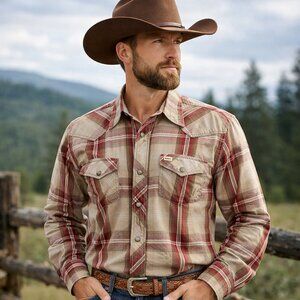 Larry Mahan Cowboy Collection Plaid Western Snap Shirt XL Red Tan 100% Cotton